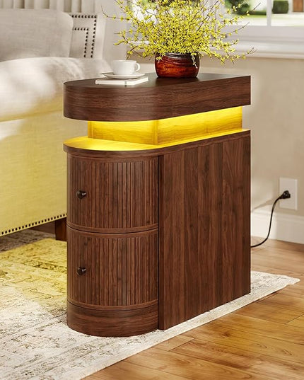 Nightstand with LED Lights, Narrow Nightstand with 3 Drawers, Curved Edge Sliding Top Storage Space for Bedroom, Living Room