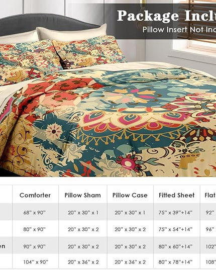 Comforter Set Twin Size, Vintage Colorful Flower 5 Pcs Bedding for Kids and Adults, Floral Retro Beige Bed Sheet Sets with Fitted Sheet Pillowcase & Sham for Bedroom Bed Decor
