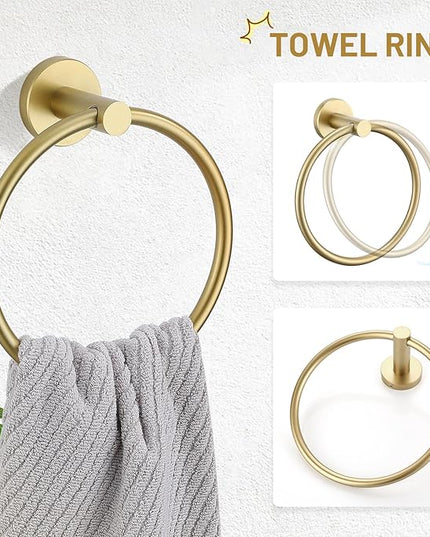 TURS Brushed Gold 5 Piece Bathroom Hardware Set, SUS304 Stainless Steel Bath Towel Bar Set, 23.6 Inch Round Bathroom Accessories Kit Wall Mounted