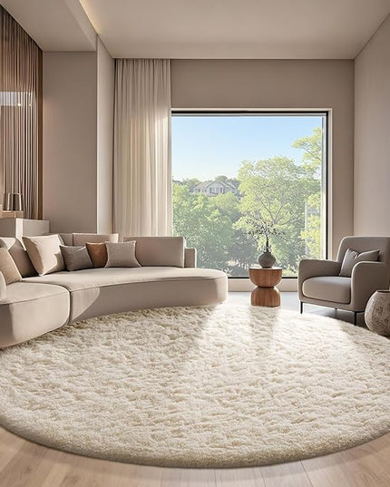 Ophanie Round Rugs 7Ft Ivory Circle Area Rug, Aesthetic Room Decor, Fluffy Fuzzy Bedroom Carpet, Plush Soft Shaggy Cream Living Room Rugs for Kids Home Decor, Nursery