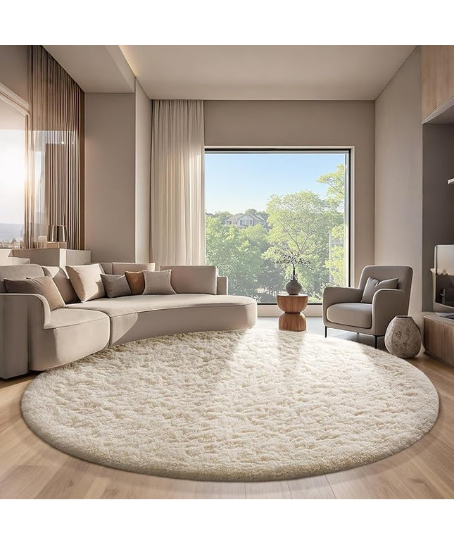 Ophanie Round Rugs 7Ft Ivory Circle Area Rug, Aesthetic Room Decor, Fluffy Fuzzy Bedroom Carpet, Plush Soft Shaggy Cream Living Room Rugs for Kids Home Decor, Nursery