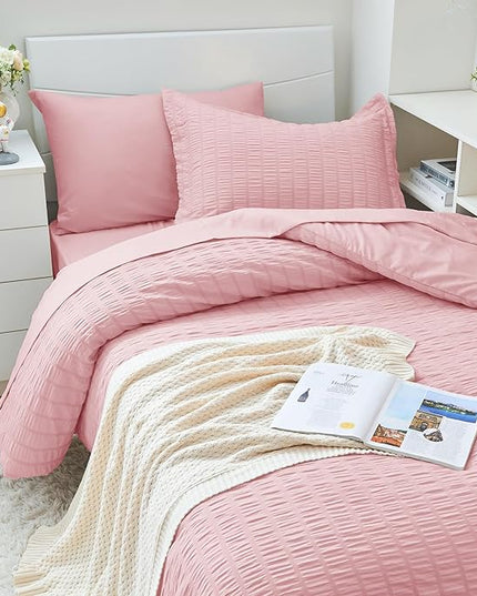 HYMOKEGE Pink Twin XL Comforter Set Seersucker 5 Pieces, All Season Luxury Bed in a Bag for Bedroom, Bedding Set with Comforter, Sheets, Pillowcase & Sham