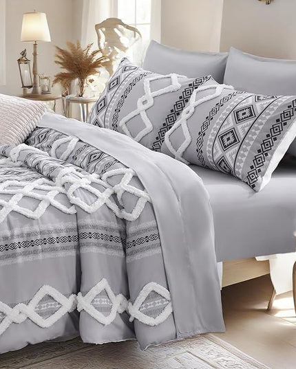 MOVE OVER Boho Tufted Comforter Set King Size 5 Pieces Farmhouse Bedding Set 100% Soft Microfiber Boho Aztec Bedroom Comforter Set Modern Style Ethnic Gray Tufted Bed Set for All Seasons