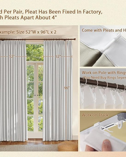 Textured Linen Pencil Pleated 100% Blackout Curtains for Bedroom/Living Room Blackout Curtains 120 Inches Long, Energy Saving Window Treatment Curtains,120Wx120Lx2,White Beige
