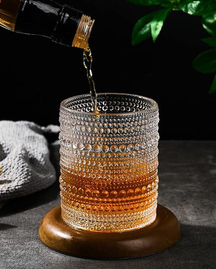 Vintage Glassware Drinking Glasses Set of 6,12 oz Hobnail Glass Cups,Embossed Clear Water Tumbler,for Beer,Cocktail,Whiskey,Juice and Various Mixed Drinks- 1 Cleaning Brush