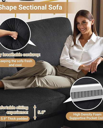 VINGLI 110" Sectional Couches for Living Room,U Shaped Couch with Double Chaise, 4-Seat Sofa Set with Corduroy Fabric for Home Furniture,Black