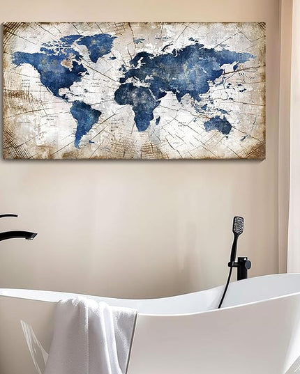 World Map Canvas Wall Art Abstract Navy World Maps for Wall Vintage Modern Wall Art for Office Framed Pictures for Living Room Bedroom Wall Decoration for Home Office Decor Artwork for Walls 24x48IN