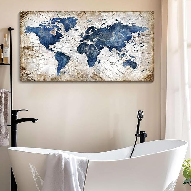 World Map Canvas Wall Art Abstract Navy World Maps for Wall Vintage Modern Wall Art for Office Framed Pictures for Living Room Bedroom Wall Decoration for Home Office Decor Artwork for Walls 24x48IN