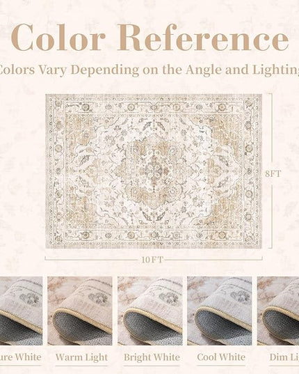 PADOOR-Vintage Area Rug 8X10 Rugs for Living Room-Soft Beige Rugs for Bedroom-Machine Washable Rug Non Slip Carpet-Rug for Dining Room Living Room Bedside Office