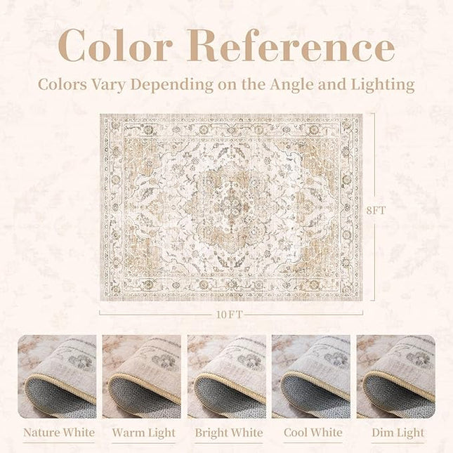 PADOOR-Vintage Area Rug 8X10 Rugs for Living Room-Soft Beige Rugs for Bedroom-Machine Washable Rug Non Slip Carpet-Rug for Dining Room Living Room Bedside Office
