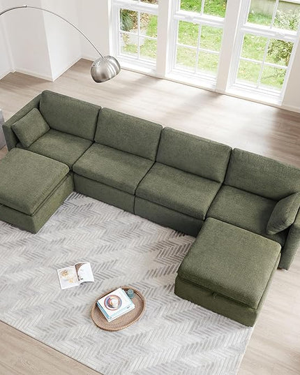 CHITA Oversized Modular Sectional Sofa, FSC Certified U Shaped Couch with Reversible Chaise Modular Sectional Couch,146 inch Width, 6 Seat Modular Sofa with Storage Ottomans, Moss Green
