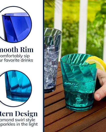 US Acrylic Optix Plastic Reusable Drinking Glasses (Set of 16) 14oz Rocks & 20oz Water Cups in Coastal Colors | BPA-Free Tumblers, Made in USA | Top-Rack Dishwasher Safe