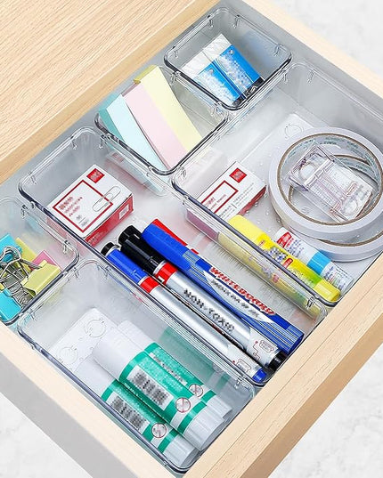 23 PCS Drawer Organizer Set, 5 Varied Size Bathroom and kitchen Drawer cabinet organizer Trays, Clear Storage Bins for Makeup, Jewelry, Utensils and Gadgets