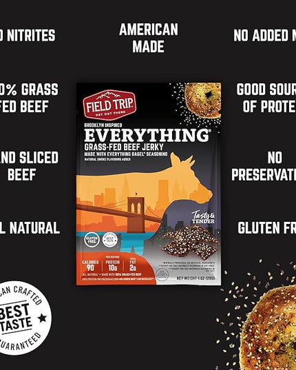 Field Trip Beef Jerky | Gluten Free Jerky, Low Carb, Healthy High Protein Snacks With No Nitrates, Made With All Natural Ingredients | Everything Bagel | 1oz Bags, 12 Pack