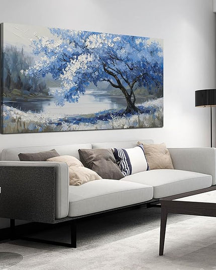 JuhaiArt Scenery Picture Wall Decorations Large Tree Wall Art Blue Canvas Wall Art for Living Room Bedroom Office White Poster 29"x 59"