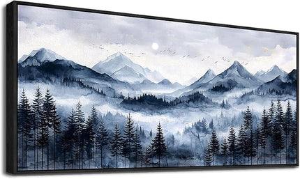 ERQINHUA Canvas Wall Art For Bedroom Large Wall Decor For Living Room Office Mural Misty and Fog Forest Painting Mountain Landscape Picture Artworks Home Decor Black Framed Ready To Hang 32x72 In