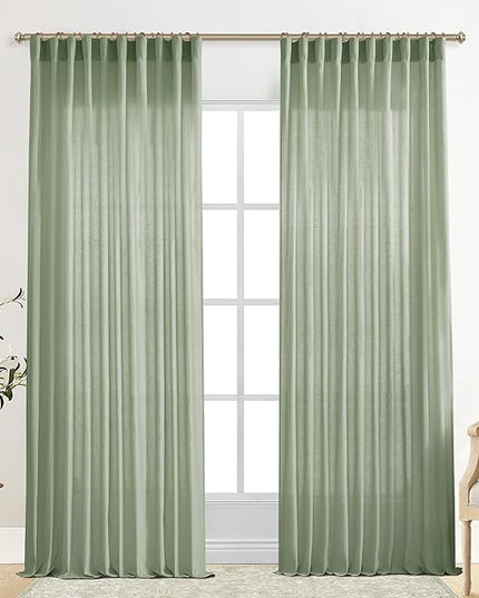 XTMYI 70 Inches Wide Sage Green 96 Inches Long Country Curtains for Living Room,Sheer Linen Curtains for Bedroom