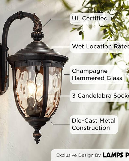 John Timberland Bellagio Vintage Outdoor Wall Light Fixture Bronze Brown Metal 20 1/2" Champagne Hammered Glass Curved Arm for House Porch Patio Outside Deck Garage Yard Front Door Garden Home