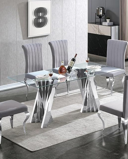 70'' Tempered Glass Top Dining Table With Mirrored Silver Stainless Steel Base for 4-8, Modern Rectangular Design for Dining Room and Living Room
