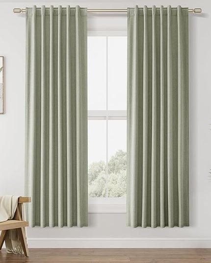 Sage Green Linen Blackout Curtains 72 Inch Length 2 Panels Set for Living Room Bedroom Back Tab Thermal Insulated 100% Black Out Linen Drapes Room Darkening Window Curtains 40 Wide