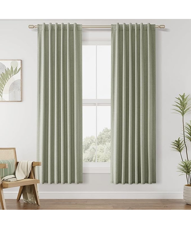 Sage Green Linen Blackout Curtains 72 Inch Length 2 Panels Set for Living Room Bedroom Back Tab Thermal Insulated 100% Black Out Linen Drapes Room Darkening Window Curtains 40 Wide