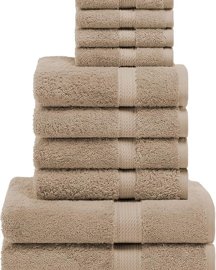 Superior Egyptian Cotton Pile 10 Piece Towel Set, Includes 2 Bath, 4 Hand, 4 Face Towels/Washcloths, Ultra Soft Luxury Towels, Thick Plush Essentials, Guest Bath, Spa, Hotel Bathroom, Latte