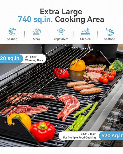 2 in 1 Propane Griddle Grill Combo, 6-Burner Propane Gas BBQ Combo Grill with Porcelain-Enameled Cast Iron Grates & Plate, 42,000 BTU with Side Stove for Outdoor Cooking Camping Patio Backyard