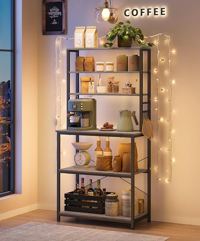 VASAGLE Coffee Bar, 31.5 Inches Baker's Rack for Kitchen with Storage, 6-Tier Kitchen Shelves with 6 Hooks, Microwave Stand, Industrial, Heather Greige and Ink Black UKKS019B02