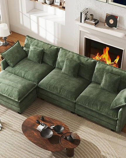 WorthFurni 111.4” Cloud Couch Modular Sectional Sofa with Ottoman, Comfy Modern 3-Seater Couches with Pillows & Upholstered Deep Seat Cushion for Apartment Living Room Bedroom (Green)