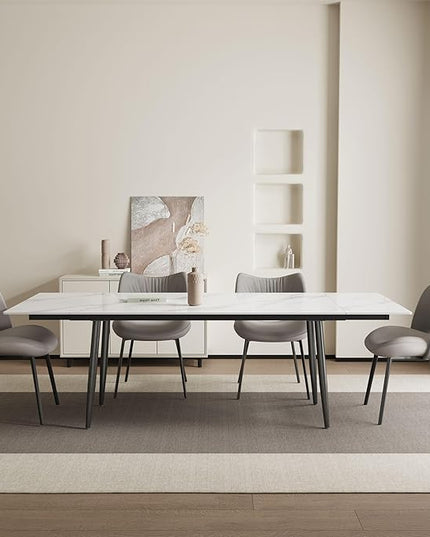 Extendable Dining Table (62.9" to 94.4") for 6 to 10 - Modern Rectangular Sintered Stone Table with High Hardness and Easy Maintenance - Stylish White