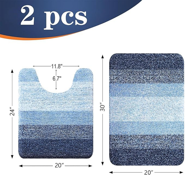 OLANLY Bathroom Rug Set 2 Piece, Soft Absorbent Microfiber Bath Mats and U-Shaped Contour Toilet Rug, Non-Slip, Machine Wash Dry, Plush Shaggy Bath Mats for Bathroom (30"x20"+24"x20", Navy)