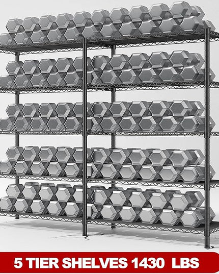 REIBII 5 Tier Wire Shelving Storage Shelves Loads 1430LBS, 58" W Metal Shelving Unit for Storage Adjustable Heavy Duty Garage Shelving Pantry Shelves Kitchen Shelving, Black, 2 Pack