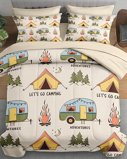 Comforter Set King Size, Summer Camp Camper 7 Pcs Bedding for Kids and Adults, Camping Adventure Bed Sheet Sets with Fitted Sheet 2 Pillowcases & 2 Shams for Bedroom Bed Decor