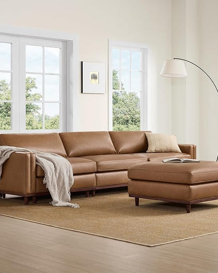 CHITA 118" Super Large Luxury L Shape Convertible Sectional Modular Sofa, FSC Certified Down Filled Modern Sofa with Ottoman, Deep Seat Cloud Couch, 4 Seat Couch, Solid Wood Leg, Faux Leather in Camel