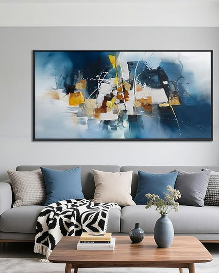 Abstract Canvas Wall Art Navy Blue Wall Art for Living Room Framed Modern Artwork for Walls, Above Bed Wall Decor Navy and Gold for Bedroom and Living Room Office Pictures Wall Decor 24×48IN