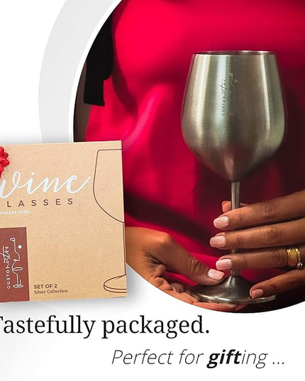 Gusto Nostro Stainless Steel Wine Glass - 18 oz - Cute, Unbreakable Wine Glasses for Travel, Camping and Pool - Fancy, Unique and Cool Portable Metal Wine Glass for Outdoor Events, Picnics (Set of 2)