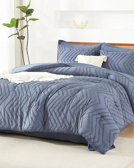 Litanika Queen Size Comforter Set with Sheets Bluish Grey - 7 Pieces Bed in a Bag Queen Chevron Tufted Complete Bedding Sets with Comforter, Sheets, Pillowcases & Shams