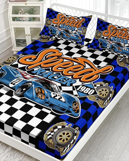 AILONEN Racing Car Fitted Sheet Twin Size, Cool Speed Race Car BedSheets Set for Kids Boys,Checkered Squares Bedding Sets,Extreme Sport Bed Sheet Set,3 Pieces,1 Fitted Sheet and 2 Pillowcases