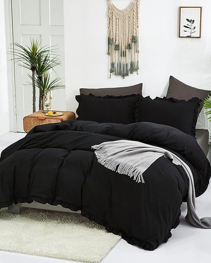 CLOTHKNOW Black Ruffles Twin/Twin XL Comforter Set 3Pcs Farmhouse Bedding Comforter Sets Shabby Chic Boho Comforter with 2 x Pillow Cases