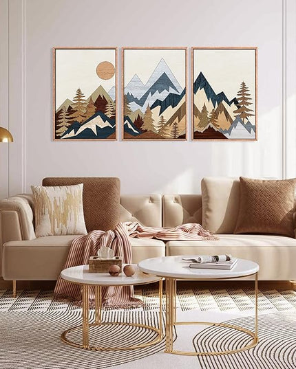 HOURIA Mid Century Mountain Woodland Framed Wall Art Set,Boho Sunrise Pine Tree Wall Decor,Wilderness Nature Forest Artwork,Modern Woodcut Field Art Print for Living Room,Bedroom,Office- 24"x36"x3