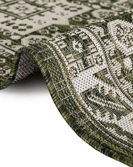 Rugs.com Outdoor Aztec Collection Rug – 13 Ft Square Green Flatweave-Pile Rug Perfect for Living Rooms, Kitchens, Entryways