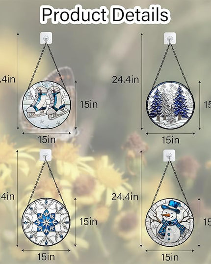 Stained Glass Window Hanging 4 Pcs Set White Winter Christmas Snow Scene Large 15" - Suncatcher Door Garden Sun Catcher Decor Birthday for Mom Woman Nana Men Friend Wife