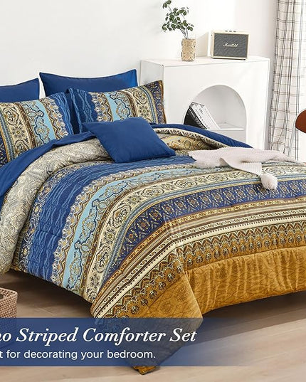 Cottolester Boho Queen Comforter Set 8 Pieces,Brown Blue Bohemian Comforter Paisley Striped Bed in A Bag,Soft Microfiber Bedding Set for All Season