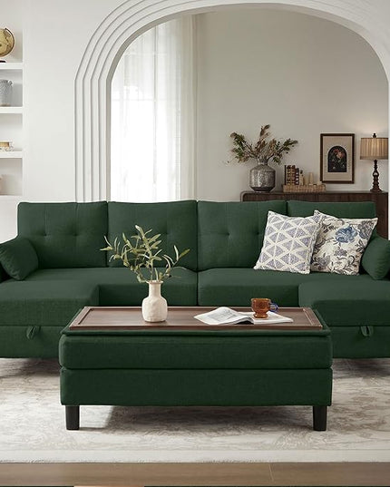 Convertible Sectional Sofa with Storage Ottoman Bench, 101" U Shaped Couch 4-Seat Sofa Set for Living Room/Apartment, Sectional Couch with Movable Ottoman, Green