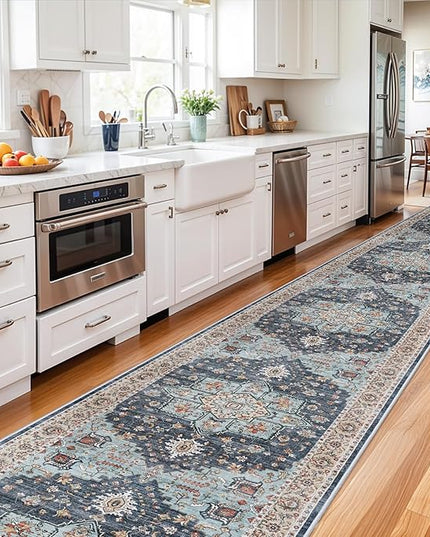 Washable Oriental Hallway Runner Rug - 3x20 Rugs for Living Room Soft Carpet for Bedroom Kitchen Waterproof Floral Distressed Indoor Stain Resistant Non-Shedding Floor Carpets (Blue/Teal/Orange, 3X20)