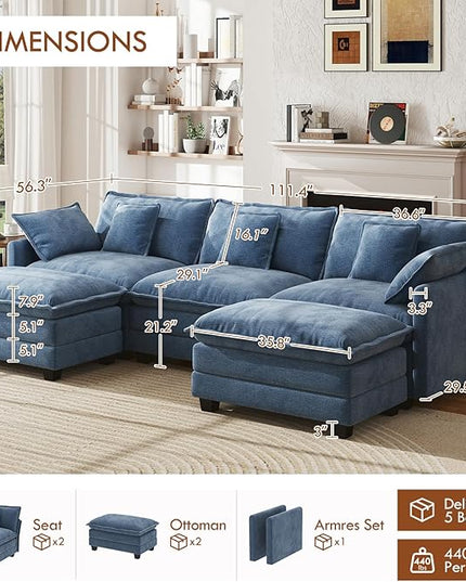 WorthFurni 111.4” Modular Sectional Sofa, U Shape Cloud Couch with 2 Movable Ottoman, Comfy Chenille Deep Seat Sofa with Soft Pillows for Living Room Apartment (Blue)