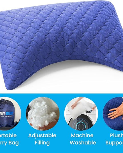Sidney Sleep Mini Travel Size Neck Pillow - Knee, Back Lumbar and Support - Small Curved Pillow - Adjustable Fill - Washable Case - Drawstring Backpack Included - 14 x 19 Inches (Mini - Blue)