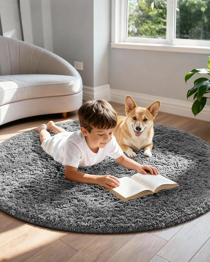 Ophanie Round Rug 5Ft Grey Circle Area Rugs, Fluffy Fuzzy Bedroom Carpet 5 Foot, Plush Shag Indoor Floor Gray Living Room Christmas Circular Aesthetic Decor for Kids Teen Boys Baby,Nursery, Classroom
