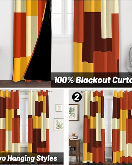 Rust Burnt Orange 100% Blackout Curtains for Bedroom 84 inch Long 2 Panels Set Modern Abstract Geometric Black Out Curtains Insulated Room Darkening Window Drapes for Living Room, 52Wx84L