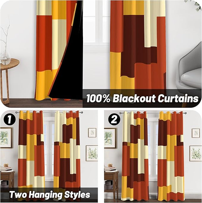 Rust Burnt Orange 100% Blackout Curtains for Bedroom 84 inch Long 2 Panels Set Modern Abstract Geometric Black Out Curtains Insulated Room Darkening Window Drapes for Living Room, 52Wx84L